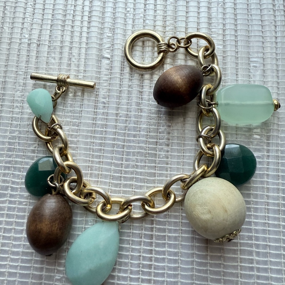 Chunky Beaded Charm Bracelet with Wood & Green Stone Accents